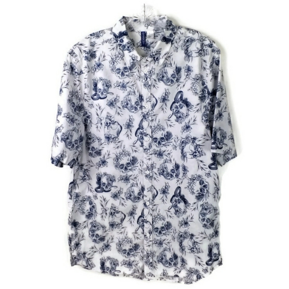 Divided by H&M Blue White Hawaiian Skull Print Short Sleeve Shirt Mens XL EUC